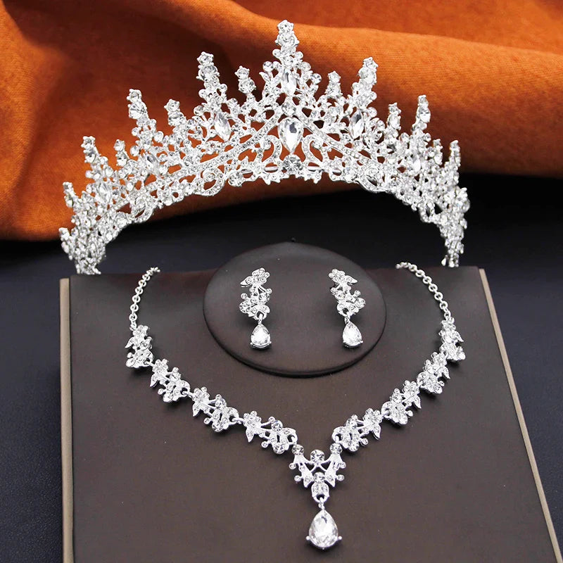 Elegant Bride Tiaras and Necklace Earrings Set Girls 3 pcs Party Birthday Bridal Sets Wedding Crown Jewelry Costume Accessories