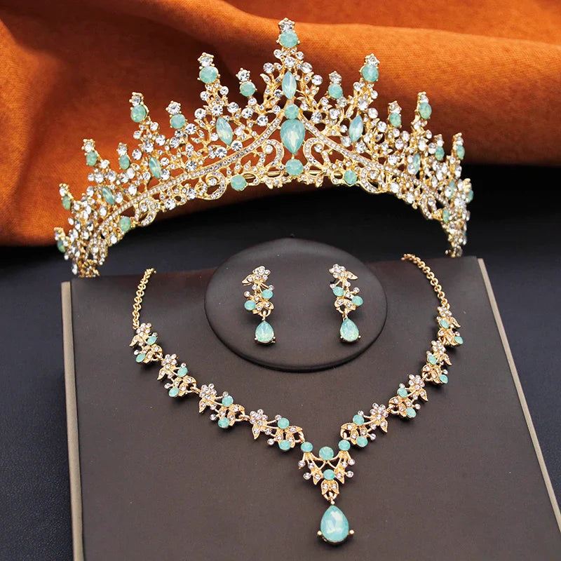 Elegant Bride Tiaras and Necklace Earrings Set Girls 3 pcs Party Birthday Bridal Sets Wedding Crown Jewelry Costume Accessories