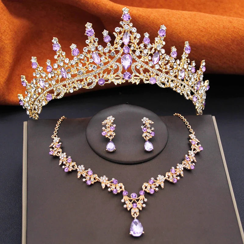 Elegant Bride Tiaras and Necklace Earrings Set Girls 3 pcs Party Birthday Bridal Sets Wedding Crown Jewelry Costume Accessories