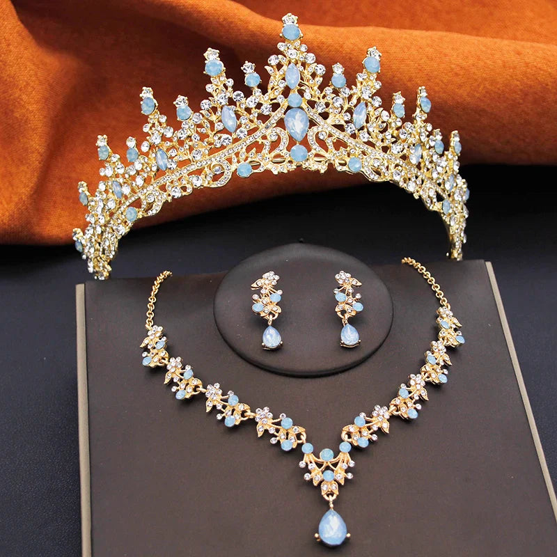 Elegant Bride Tiaras and Necklace Earrings Set Girls 3 pcs Party Birthday Bridal Sets Wedding Crown Jewelry Costume Accessories